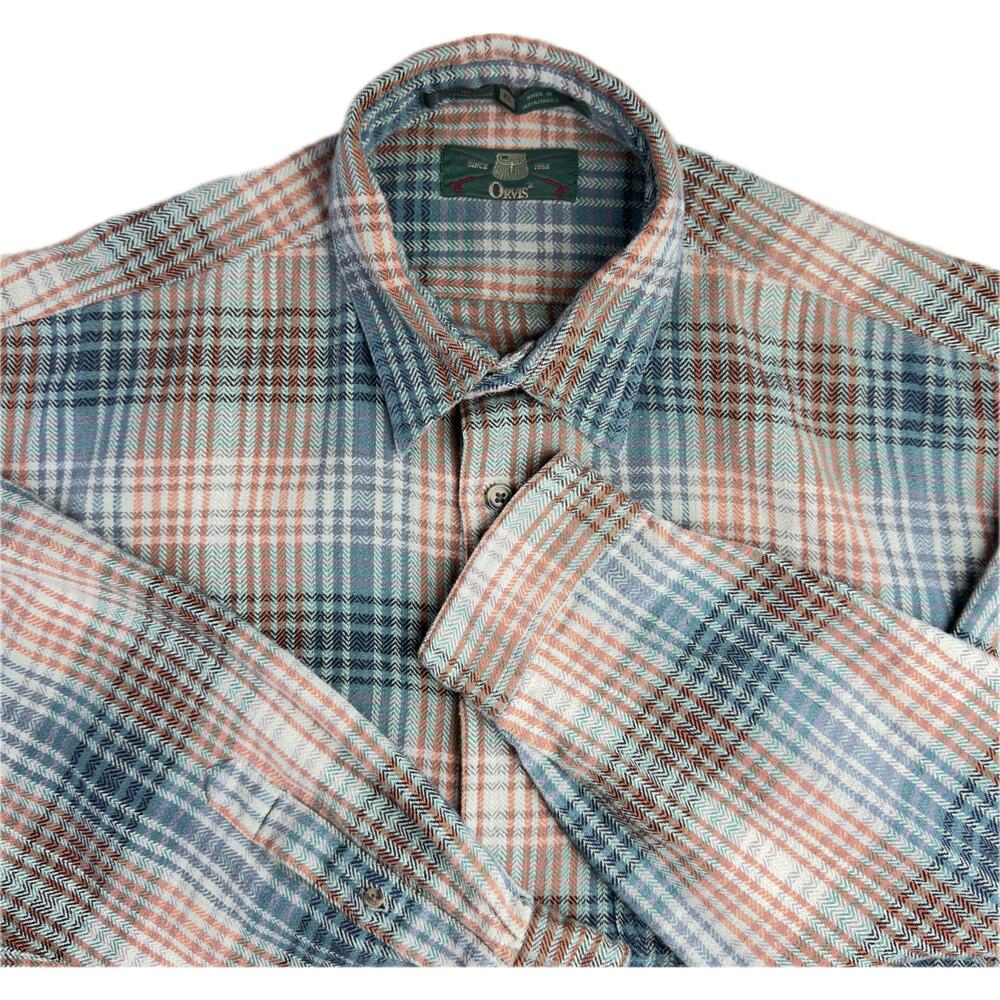 Orvis Men’s XL Blue Orange Plaid Cotton Button-Up Shirt VTG Casual Long Sleeve